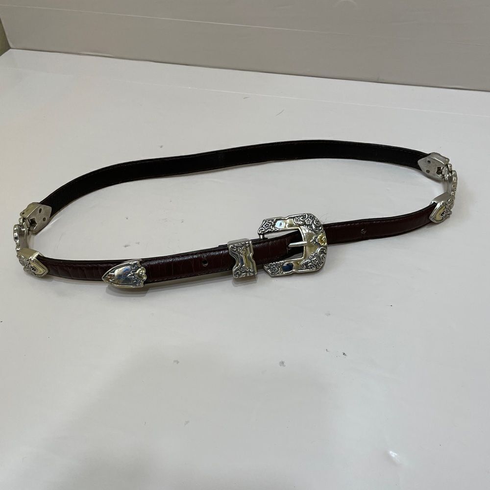 VINTAGE BROWN‎ LEATHER BELT WITH GOLD AND SILVER TONE ACCENTS